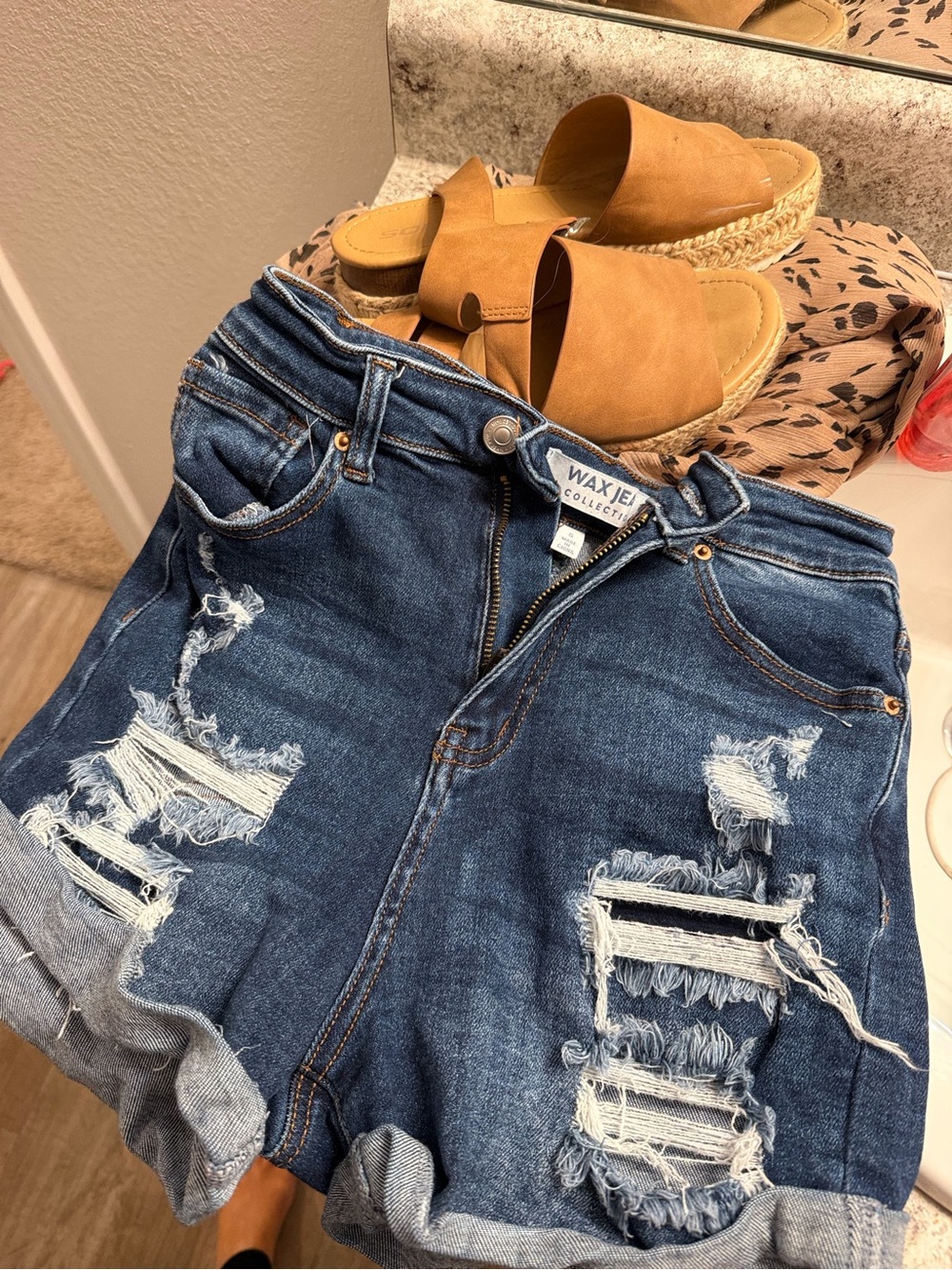 Wax Jean Distressed Dark Blue Denim Shorts